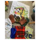 GLOVES, PLAID BLANKET, GLOVES, VINTAGE TOWELS,