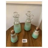 LIGHT GREEN FROSTED GLASS 2 CRUETS AND