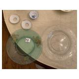 GREEN PLATE W/ FLOWERS, CANDLE WAX CATCHERS,