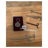 LETTER OPENER, T SQUARE, KEY RING, SM. HAMMER,