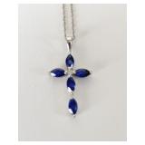 14K WHITE GOLD BLUE STONE CROSS PENDANT NECKLACE