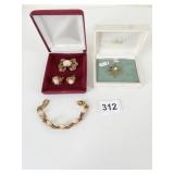GOLDETTE 3 PC PIN BRACELET EARRING SET WITH ROSES