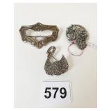 THREE STERLING SILVER PINS SWAN PEACOCK AND