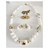 WHITE BEADED NECKLACE EARRING SET FLOWERS ENAMEL