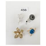 FLOWER GOLD TONE PIN TURTLE PIN BLACK RHINESTONES