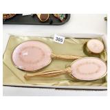 THREE PC VINTAGE DRESSER SET WITH HAND MIRROR