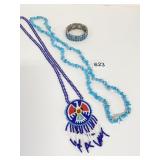 TURQUOISE CHIP NECKLACE BEADED MEDALLION NATIVE