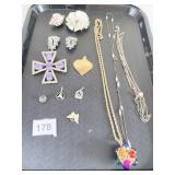 TRIFARI WHITE FLOWER PIN PURPLE RHINESTONE PIN