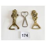 BOTTLE OPENERS TWO BRASS TIKI THEME SILVER TONE