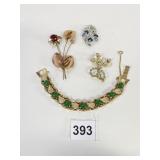 BRACELET GOLD TONE WITH GREEN STONES PINS COPPER