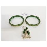 GREEN AND GOLD GLASS BANGLE BRACELETS GOLD TONE
