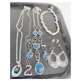 SILVER TONE AND BLUE GLASS PENDANT AND EARRING