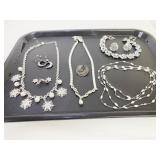 MARCASITE PIN PEARL NECKLACE AND EARRING SET