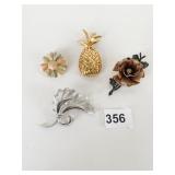 GROUP OF PINS PINEAPPLE GOLD ROSE BLACK METAL