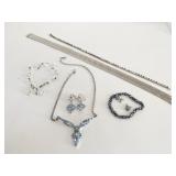 MONET SILVER TONE NECKLACE BLUE RHINESTONE