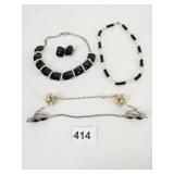 BLACK INSET SILVER TONE NECKLACE EARRINGS BLACK