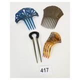 FOUR ANTIQUE JAIR COMBS BLUE BROWN FAUX TORTOISE