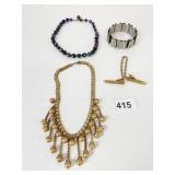 BLUE CRYSTAL BEAD NECKLACE GOLD TONE BAR SWEATER