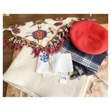 RED WOOL BERET HANKIES BEADED TRIANGLE SCARF CASH