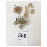 RHINESTONE PINS BLUE PINK CLEAR FLOWERS