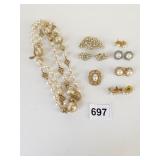 1928 BRAND GOLD TONE BEADED NECKLACE PIN EARRING