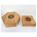 TWO WOOD JEWELRY ORGANIZER BOXES WITH INLAY ROSE