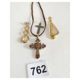 PENDANT CROSS NECKLACE ON SUEDE TWO GOLD TONE