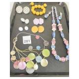 NECKLACE EARRINGS PINK AND BLUE BEADS YELLOW