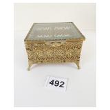 GOLD TONE METAL GLASS TOP BOX HINGED LID GOLD