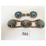 HEAVY BLUE BEADED BELT BUCKLES 2 PC, AND 3 DOMED