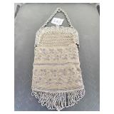 ANTIQUE CLOTH CROCHETED BEADED PURSE HANDBAG