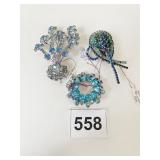 PIN BROOCH GROUP BLUE GREEN RHINESTONES WEISS