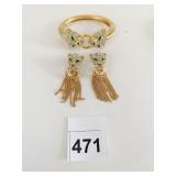 DOUBLE LION HEAD RHINESTONE HINGED BRACELET AND