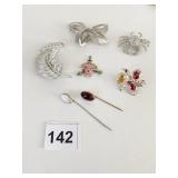 GROUP OF PINS STICK PINS SILVER TONE BOW PIN