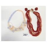 MULTI STRAND RED SEED BEAD NECKLACE EARRING SET