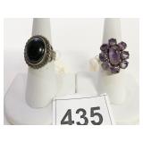 TWO RINGS SIZE 7 BLACK STONE PURPLE STONE FLOWER