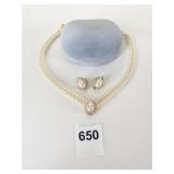 DOUBLE STRAND PEARL NECKLACE RHINESTONE PENDANT