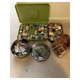 THREAD IN CONTAINER AND LARGE LOT OF BUTTONS IN