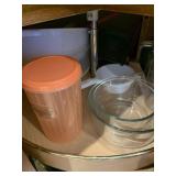 GLASS BOWLS, PLASTIC STRAINERS, ETC.