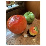 3 GLASS APPLES, CHIPPED TOP ON LARGEST ONE