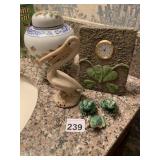 PELICAN, CLOCK, FROGS AND VASE