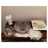 MILK GLASS VASE, DECORATIVE SQUARE PLATE, SERVING