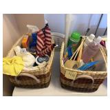 2 BASKETS W/ CLEANING ITEMS, FLAGS, ETC.
