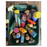 TOTE FILLED WITH PARTIAL USED CLEANING PRODUCTS