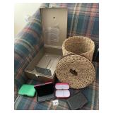 METAL BOX AND WICKER BASKET W/LID AND CREDIT CARD