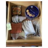 CONTENTS OF DRAWER, ELECTRIC KNIFE, TIN, GLOVES,
