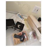 GLUE GUN, PLASTIC ORGANIZER BINS, CANDLE STANDS