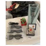 TOSHIBA GLASSES, FROG AND VASE & TRINKET BOX