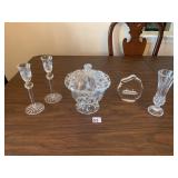 BUD VASE, COVERED CANDY DISH, CANDLE HOLDERS ALL
