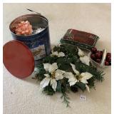 CHRISTMAS TIN, BOWS, DISH WITH ORNAMENTS
